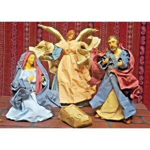 VTG 80s Nativity Cloth-Tique Paper Mache Mary,Joseph,Baby Jesus, Angel Figurines